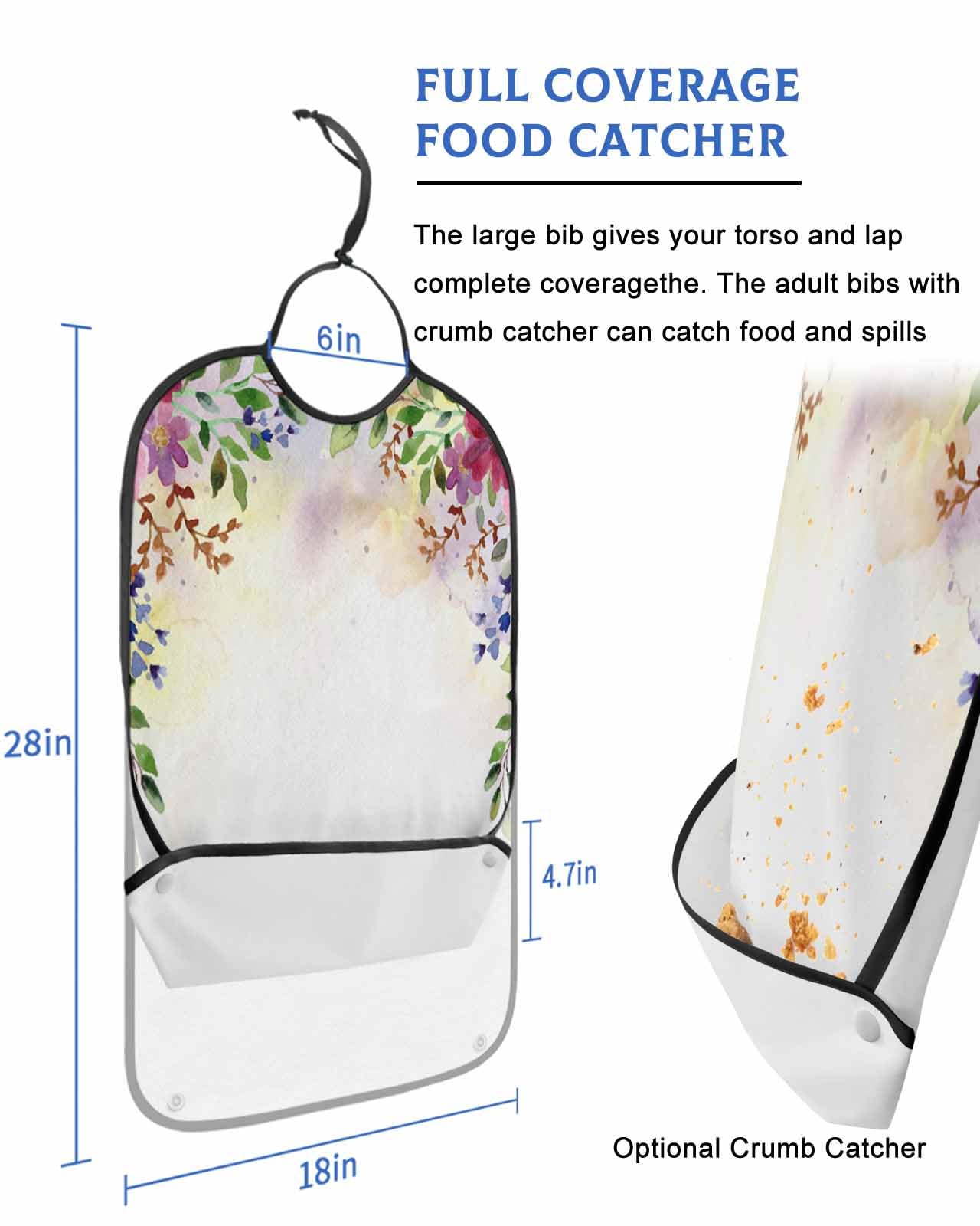 LEOKOTI Spring Floral Botanical Adult Bibs for Eating, Waterproof Bibs with Food Catcher & Snap Closure, Watercolor Summer Flowers Elegant Washable Clothing Protectors Adult Bibs for Elderly