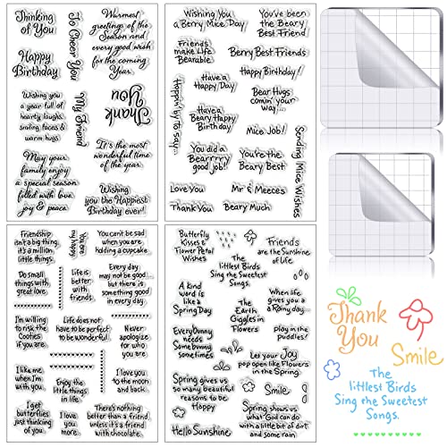 4 Sheets Sentiments Rubber Clear Stamps Set - Includes Different Sentiments Rubber Clear Stamp and 2 Pieces Acrylic Stamp Blocks with Grid Lines - Perfect for Holiday Card Making, DIY Scrapbooking, and Journaling