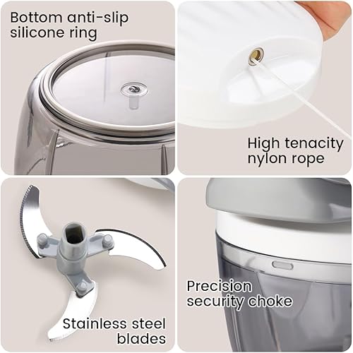 Miniatura 6 de Procesador manual de alimentos y picador de verduras, color gris, 2.3 tazas, mini picador de cocina para cebolla, ajo, verduras con 3 cuchillas de