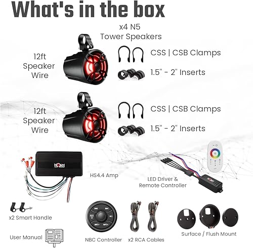 Vista 5 de NOAM NUTV5 - Kit de sistema estéreo marino ATV/carrito de golf/UTV, con 2 altavoces de torre de luz LED impermeables, controlador resistente a