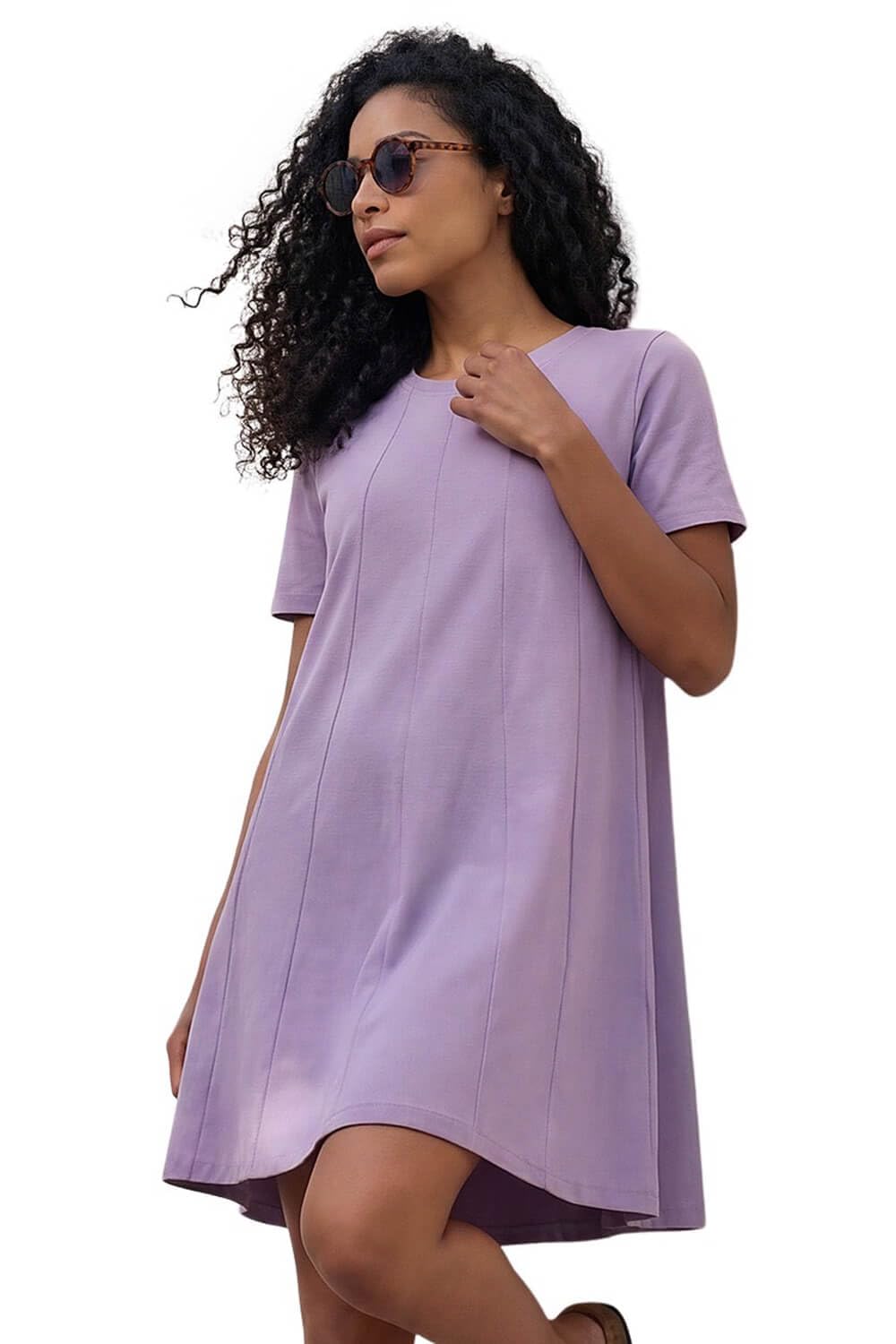Roman Originals Cotton Panelled Swing Stretch Dress for Women UK - Ladies Everyday Holiday Spring Summer Round Neckline Comfy Soft Evening Vacation Work Party - Lavender - Size 16