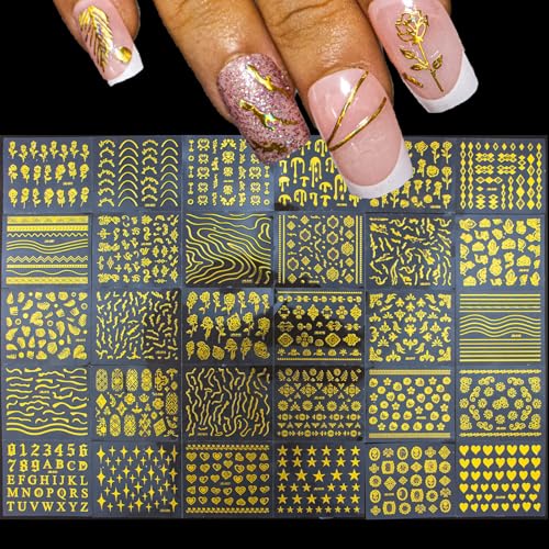 120 Mini Sheets Gold Nail Art Decals - Non-Repeating Stars, Geometric Lines, Letters, Flowers, Snowflakes, French Designs - Gel Stickers for Nail Decoration