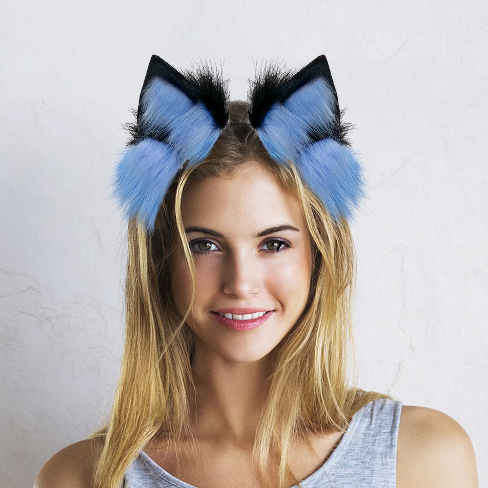 Cat Wolf Fox Dog Ears Headband Handmade Faux fur Cosplay Halloween Costume Party: Black+blue
