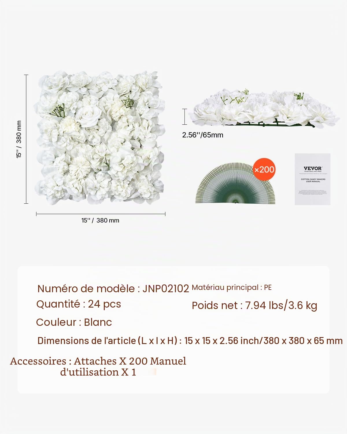 VEVOR Panneau Mural Décoratif Floral, 24 PCS, Mur à Fleurs Artificielles 3D, 38x38 cm, Conception Sans Couture Installation Facile pour Mariage, Saint-Valentin, Fête Prénatale, Décoration Fond, Blanc