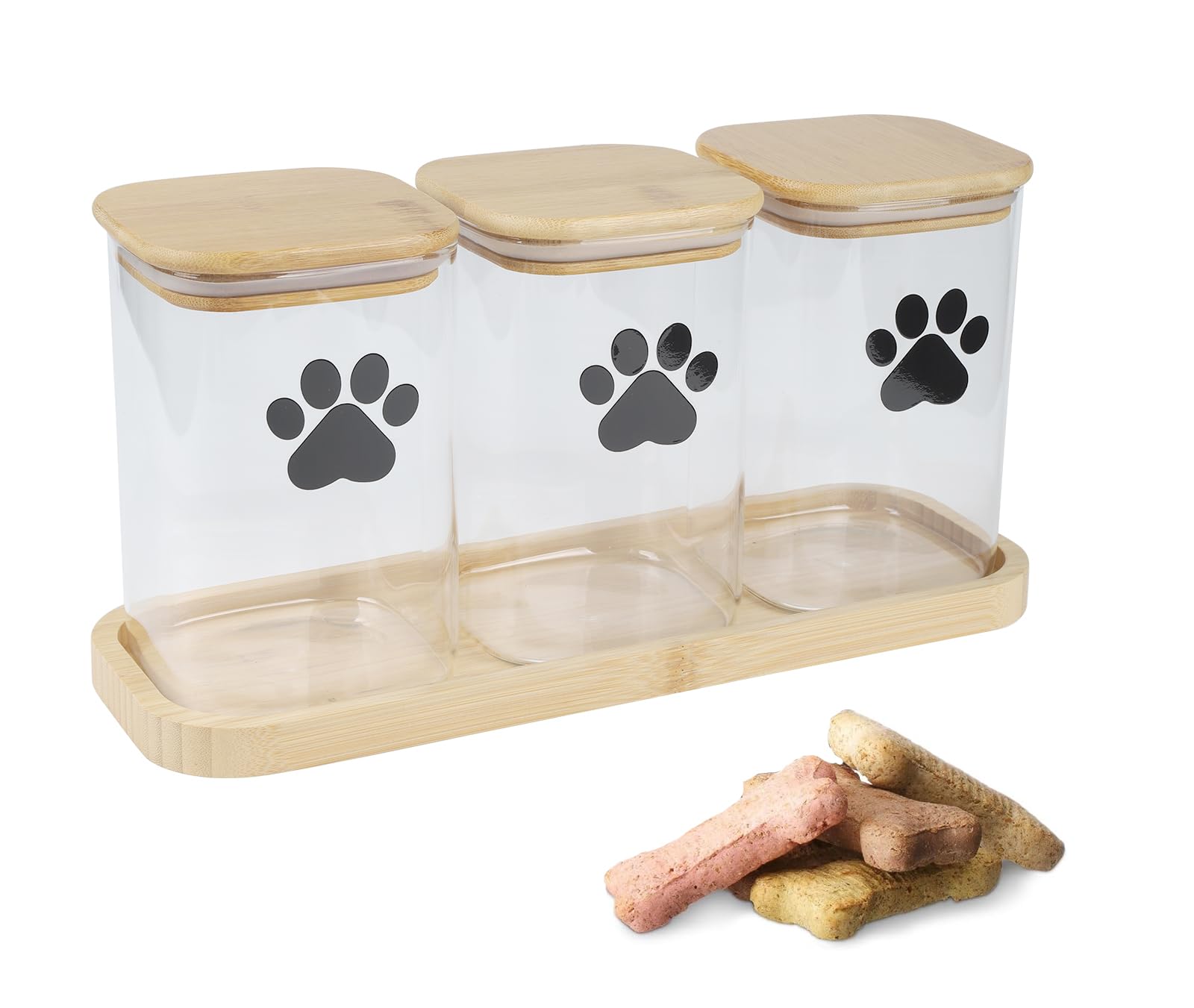Ctomche Dog Treat Jar Set of 3,Glass Container Airtight Lid,Clear Pet Biscuit Treat Tin with Bamboo Lids and Tray for Dog Cat,Pet Food Tin,Food Storage Container Box for Biscuits