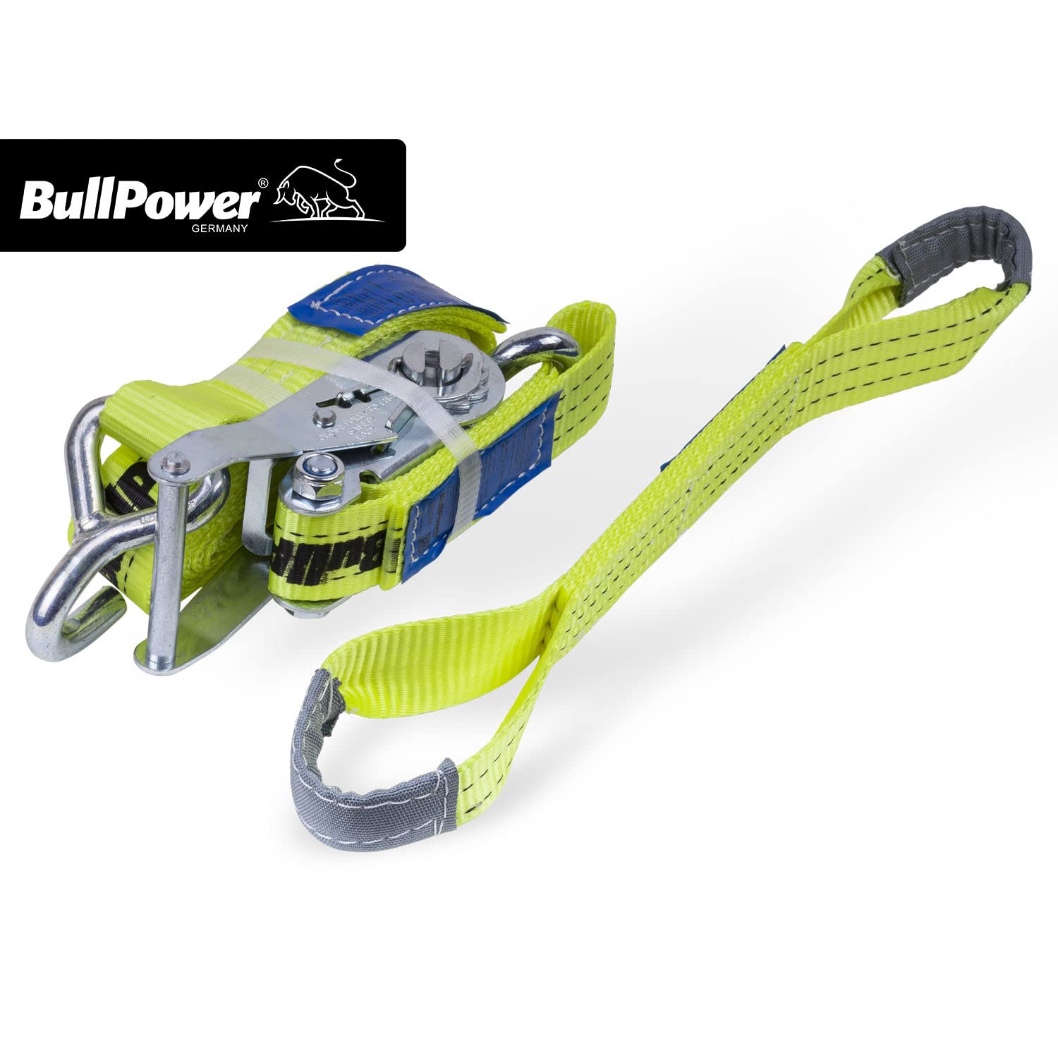 4X BullPower Spanngurte AZG151 - Autotransport PKW Zurrgurte Reifengurte Transportsicherungen 35mm - LC 3000 kg/daN mit Trapezband, Ratsche und Haken