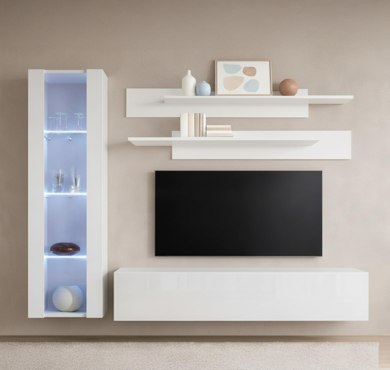 Mueble de Salón Moderno Suspendido Modelo Nora | Conjunto de Comedor con Vitrina LED, Mueble TV Bajo y Estantes | Acabado Frontal Blanco Brillo y Sistema Push-Click | 300cm aprox. de Longitud