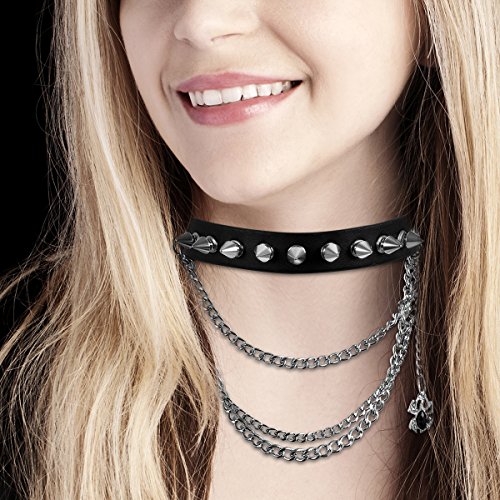 Flongo Gothic Black Rivet Leather Spiked Necklace Neckband Choker, Unisex Accent Spike Studded Punk Rock Biker Link Wide Strap Leather Collar Choker Necklace #TOP3