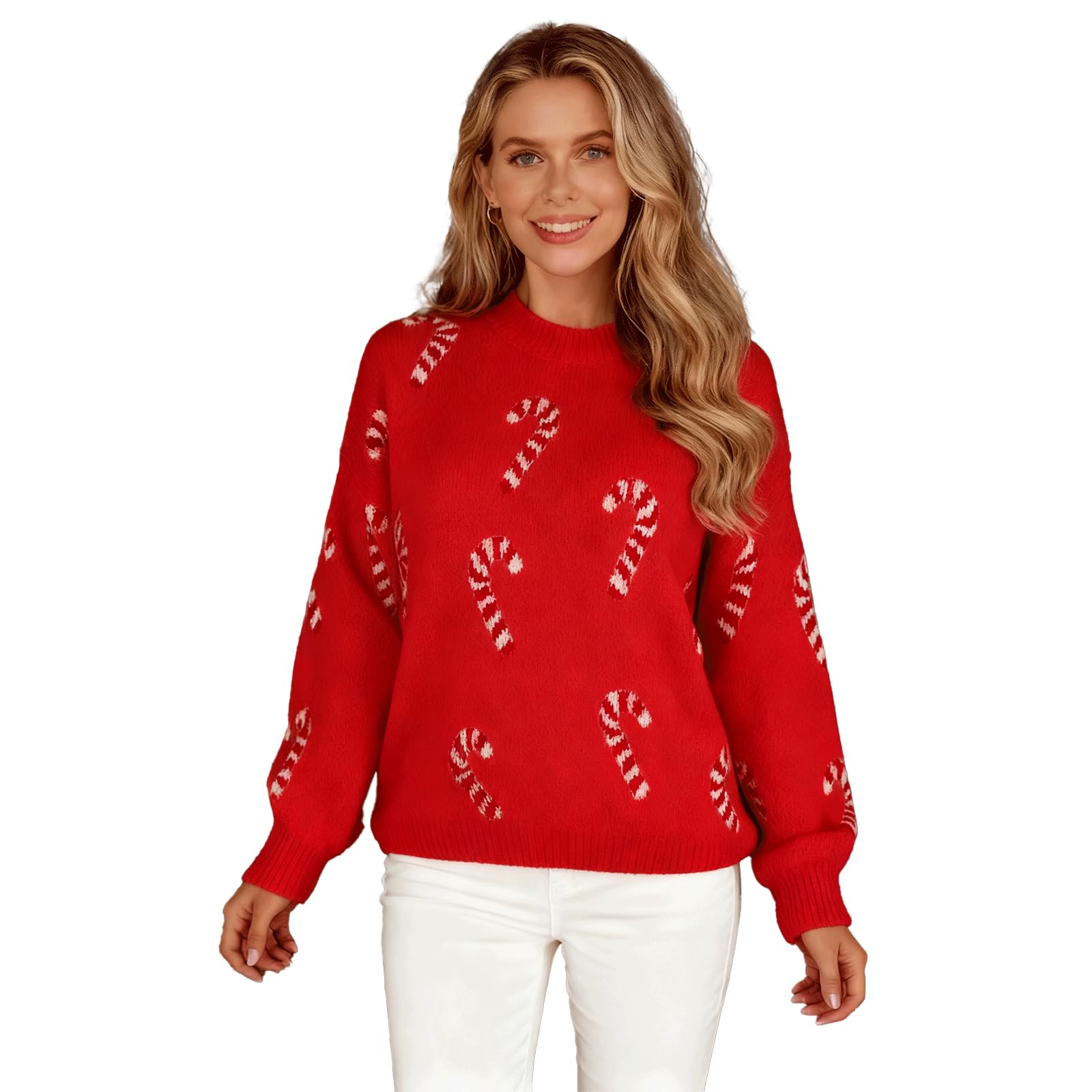 Womens Christmas Candy Cane Holiday Drop Shoulder Sweater Drop Shoulder Long Sleeve Crewneck Knit