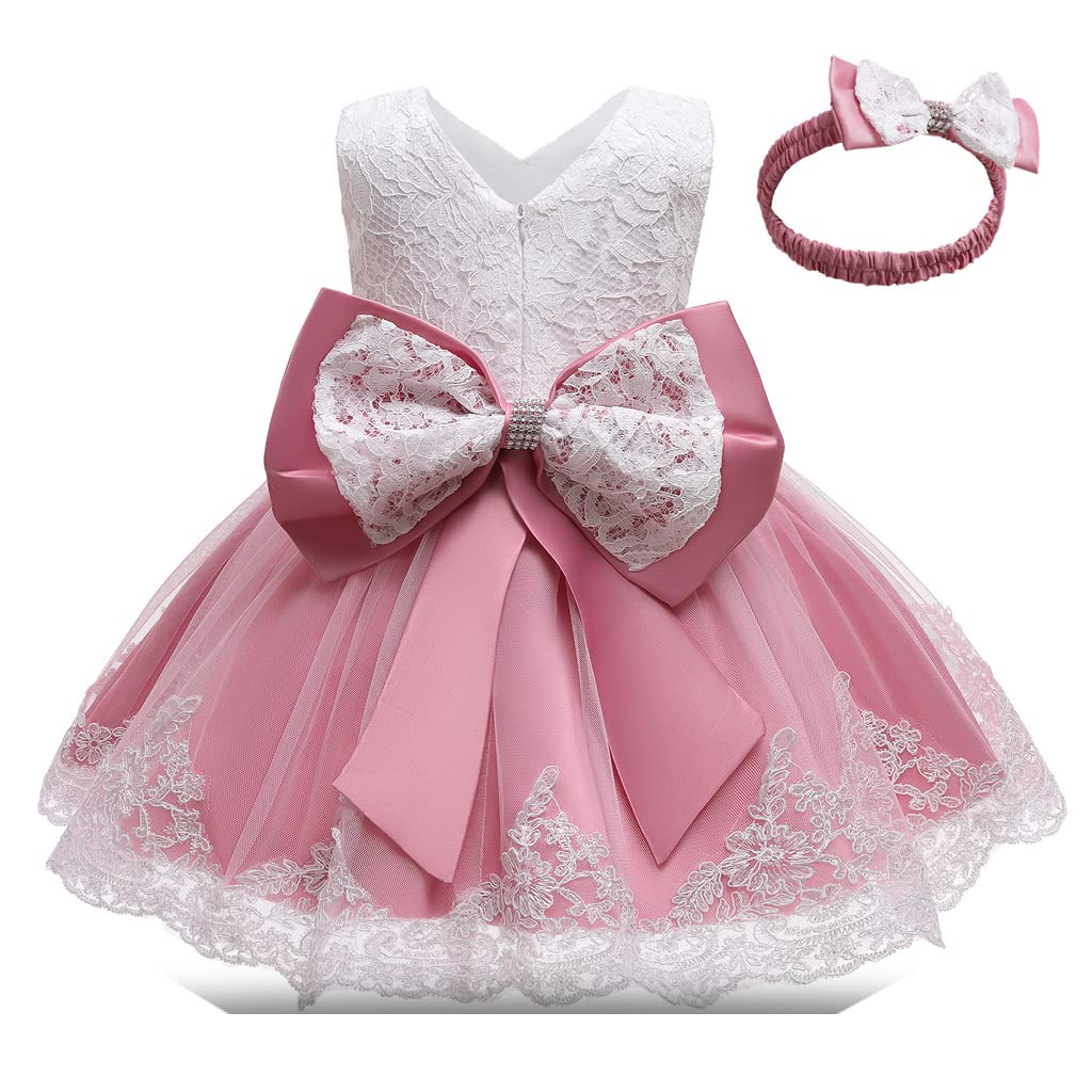 BRONG Bebé Niñas Ropa De Bautizo Vestido Lncaje Lazo Princesa Fiesta Vestido con Diadema Niña Formal Boda Cumpleaños Baile Vestidos Rosa 4-5 Años