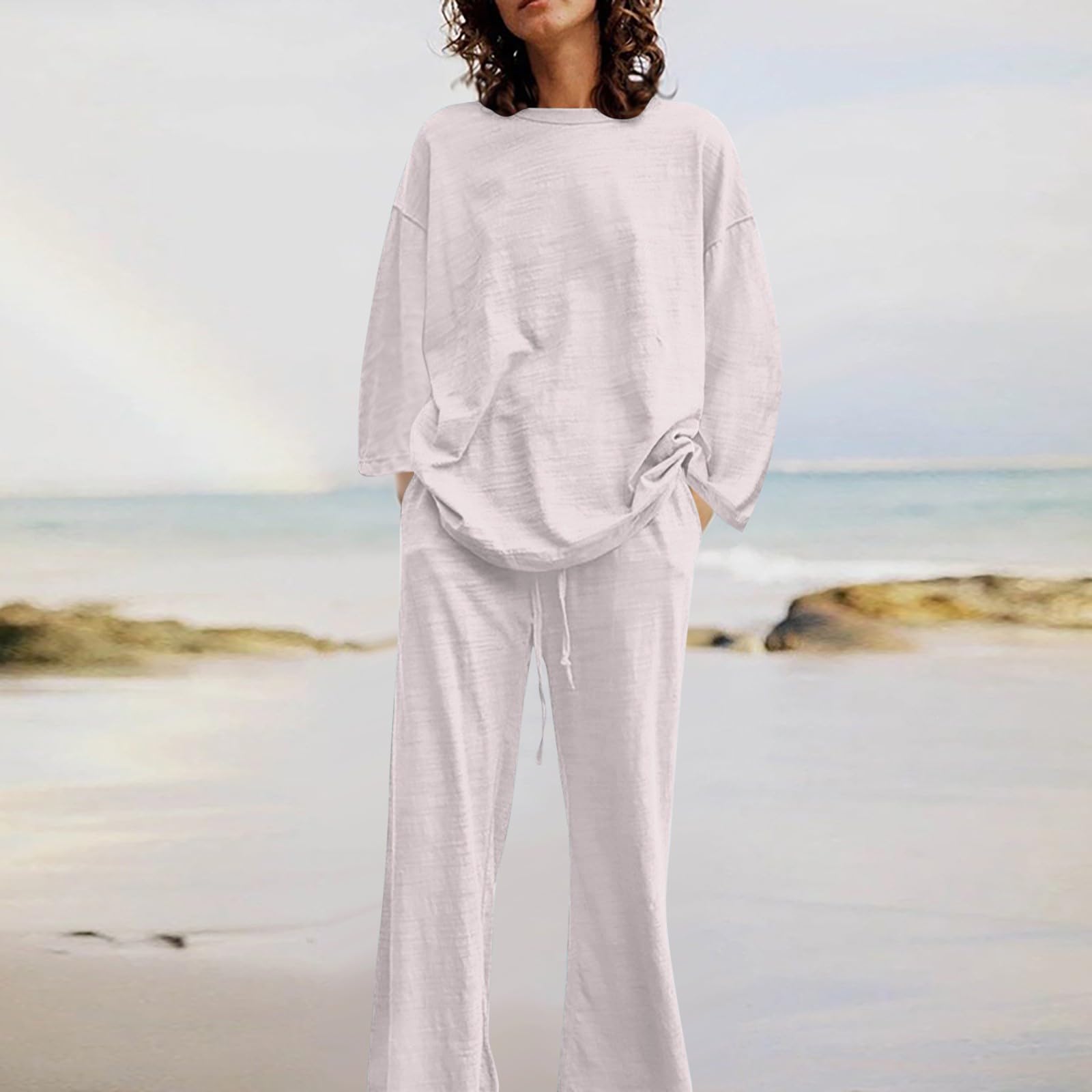 Ensemble de salon long en coton et lin pour femme - Confortable et élégant | Pantalon d'intérieur pour femme - Coupe ample - Col rond - Manches longues - Avec poches - Doux