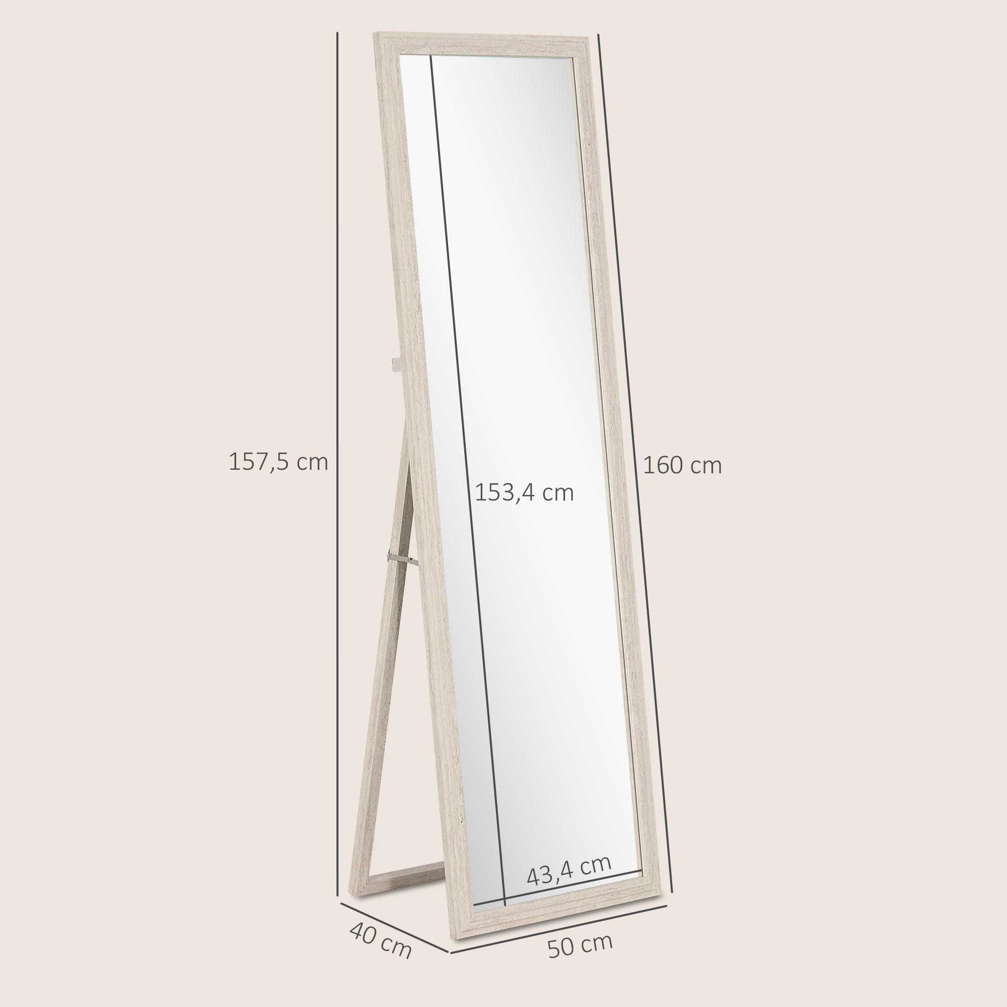 HOMCOM Ganzkörperspiegel 160 x 50 cm Rechteckig Standspiegel mit Steinoptik, Splitterfrei Wandspiegel zum Anlehnen, Stehen, Spiegel für Wohnzimmer, Schlafzimmer, Flur, Weiß