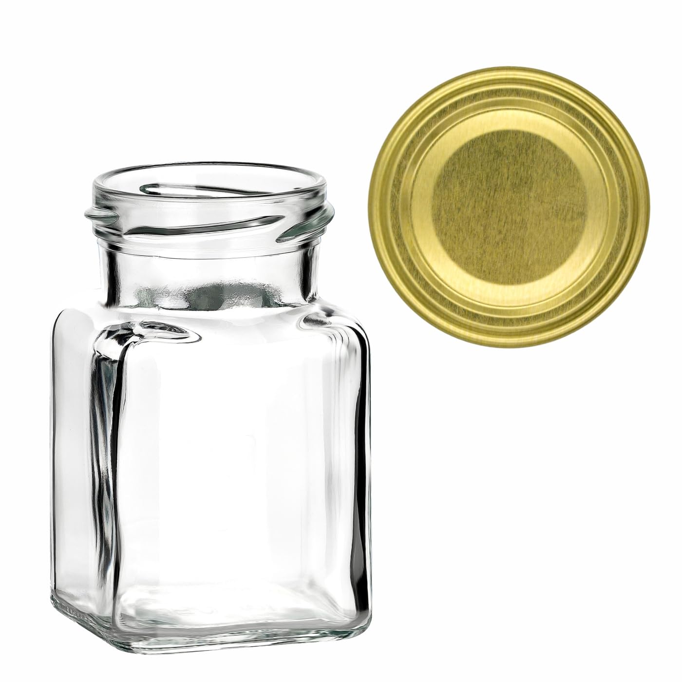 gouveo Set van 24 vierkante weckpotten van 150 ml met gouden schroefdeksels - Kleine voorraadpotten met schroefdeksels - Lege jampotten (EGE150G