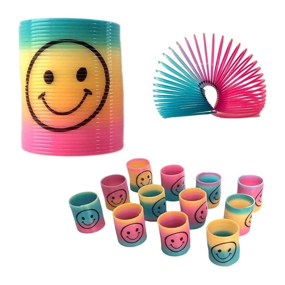 SHATCHI Mini Rainbow Smile Face 3.5 cm Springs Slinky Juggle Pinata Party Loot Bag Fillers Kids Boy Girl Fun Autism Stretchy Toys, 24pcs