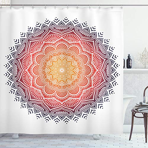 ABAKUHAUS Geometrisch Duschvorhang, Mandala Orient Herz, Stoffliches Gewebe Badezimmerdekorationsset mit Haken, 175 x 180 cm, Korallenrot Orange