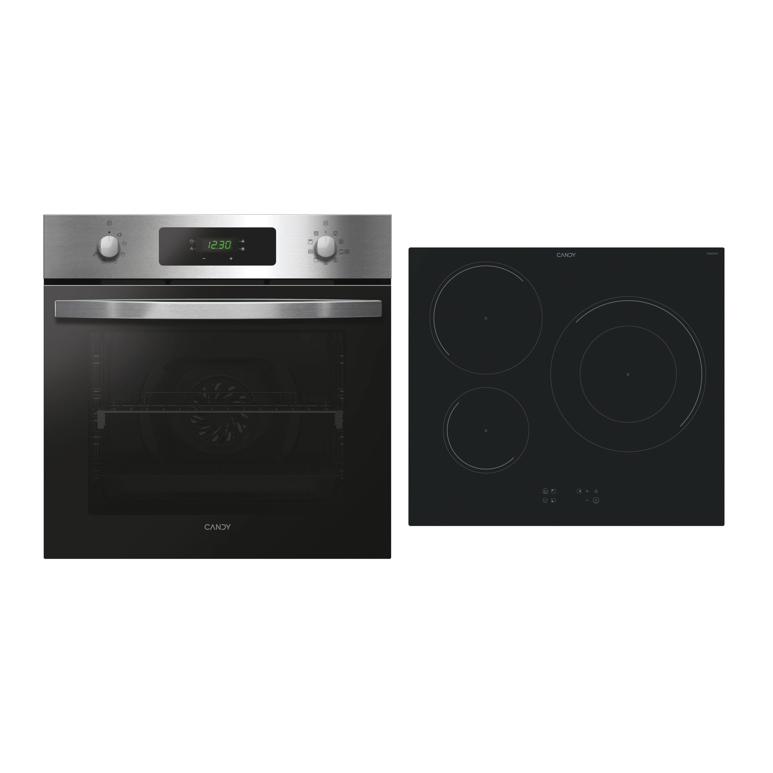 Candy Pack Placa de Inducción + Horno Multifunción 70L, Limpieza Pirolítica e Hidrolítica, Encimera 3 Zonas y Booster