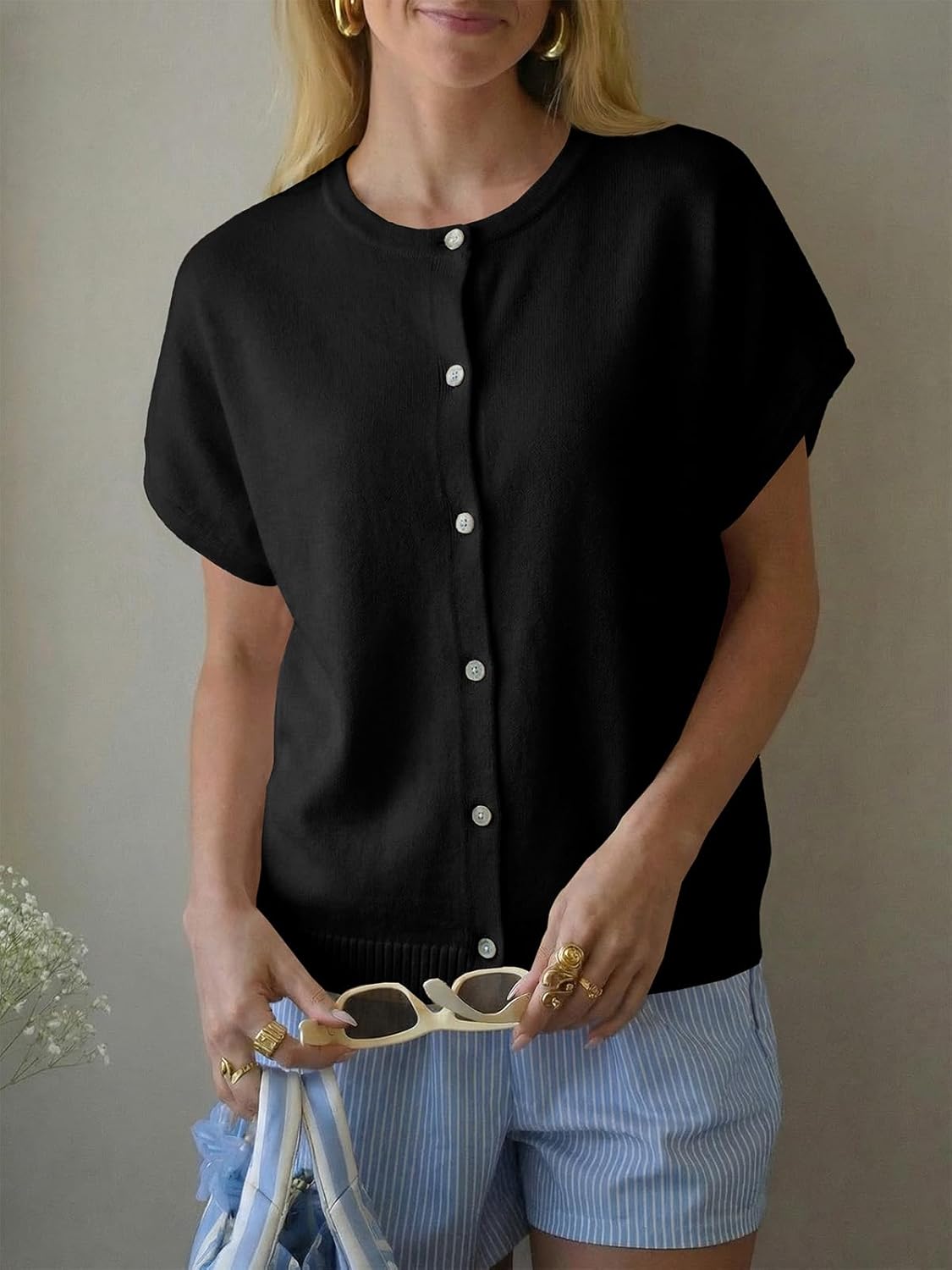 Saodimallsu Womens Oversized Cardigans Summer Short Sleeve Lightweight Knit Button Down Crew Neck Casual Sweater Tops - Image 4