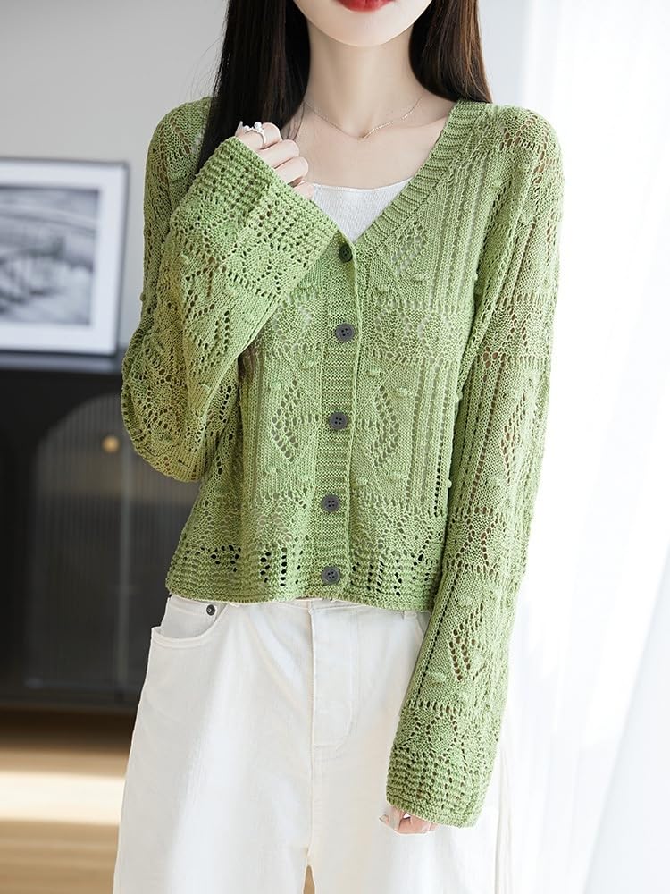 Cardigan Donna Cardigan da Donna in Lino Lavorato A Maglia con Motivo A Rombi Lavorato all'Uncinetto E Traforato con Scollo A V Bolero Estivo Leggero in Tencel con Bottoni Top E Giacca Co