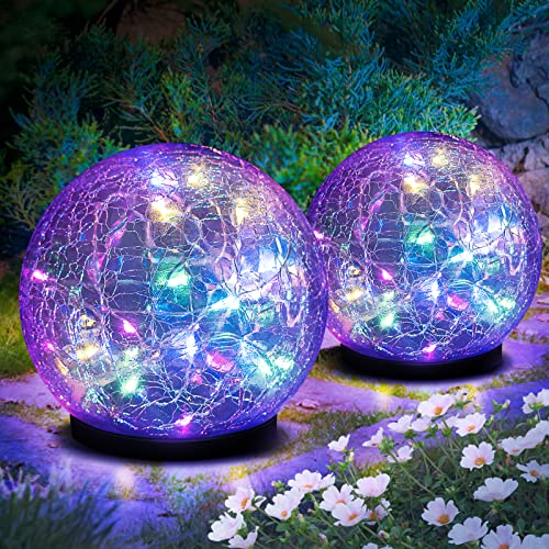Herefun Lot de 2 Boule de Verre Craquelé Solaire, Décorations Boules Lumineuses LED Étanche, Verre Craquelé LED, Décorations Boules Lumineuses pour Extérieur Pelouse Jardin (Coloré, 12cm)