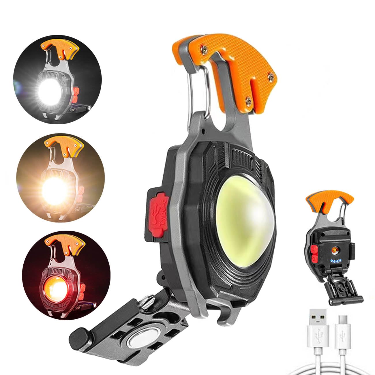 Keychain Portable COB Flashlight, Multifunction LED Pocket Light, Rechargeable Emergency Lighting, 7 Light Modes Magnet Base Multi-Tool Emergency Light for Camping Hiking Fishing Car Repair