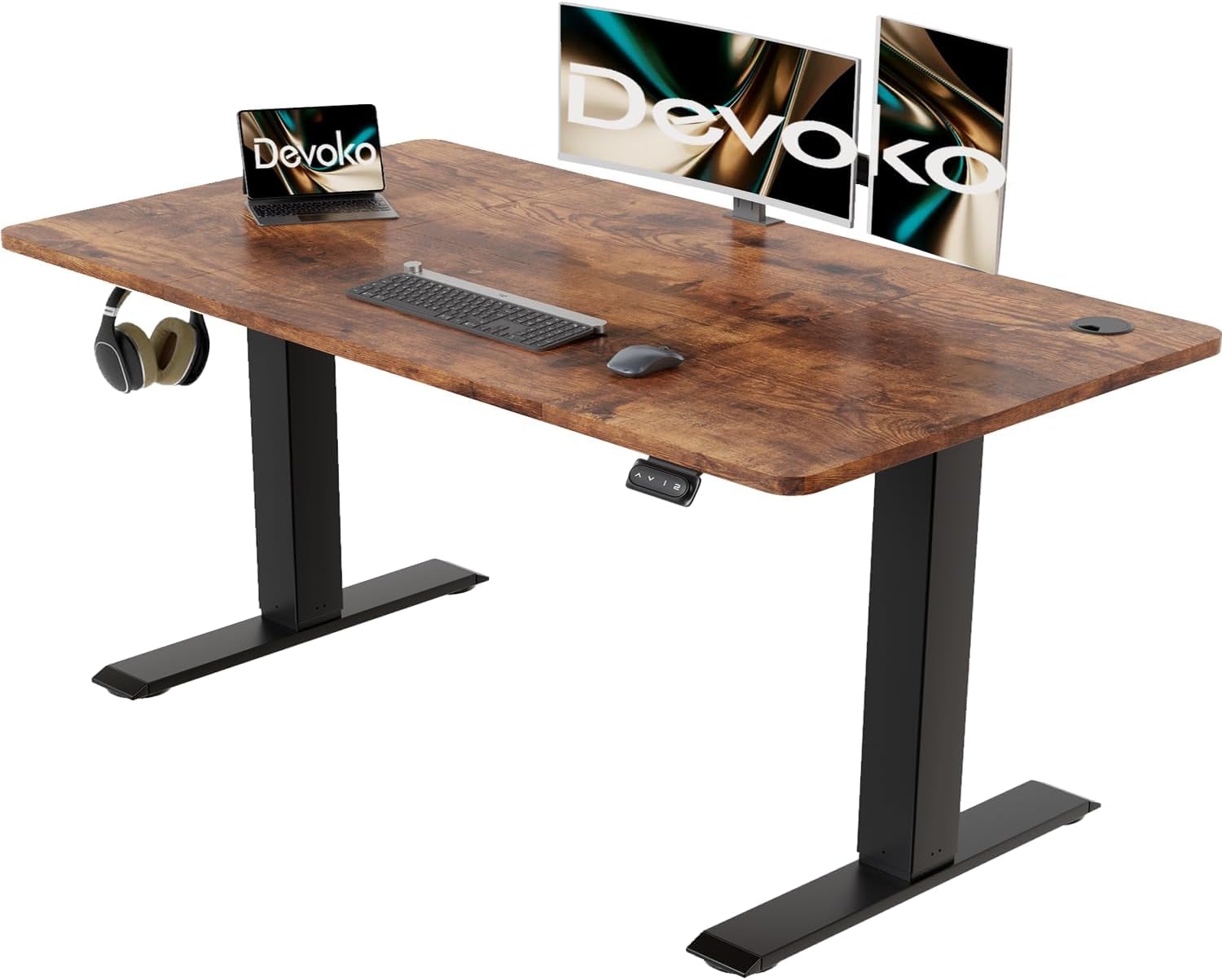 Devoko Höhenverstellbarer Schreibtisch mit Kabelwanne, Elektrisch Höhenverstellbarer Stabiler Stehpult, Computertisch 2-Funktions-Memory, Ergonomischer Steh-Sitz Tisch
