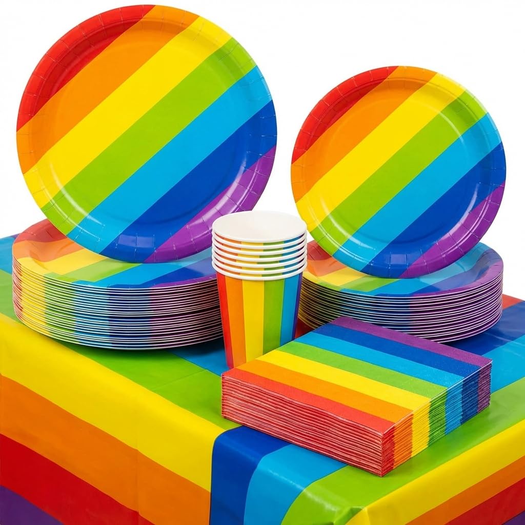Rainbow Party Supplies Pack – Serves 30 Guests, Disposable Plates, Cups, Napkins & Table Cover – Colorful Birthday Party Decorations for Kids & Adults