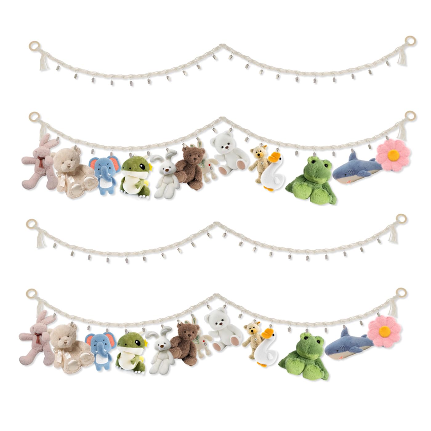 Lulobtg 4Pack 4Pcs Toy Chain With 80 Clips 89" Stuffed Animal Chain Holder Macrame Hanging Plush Toy Organizer Toy Hammock For Bedroom Hats Toys Dolls Wall Display