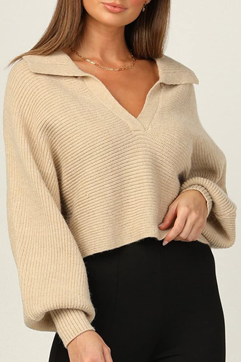 CHYRII Women Overized Puff Long Sleeve V Neck Knitted Polo Pullover Sweater Jumper Tops