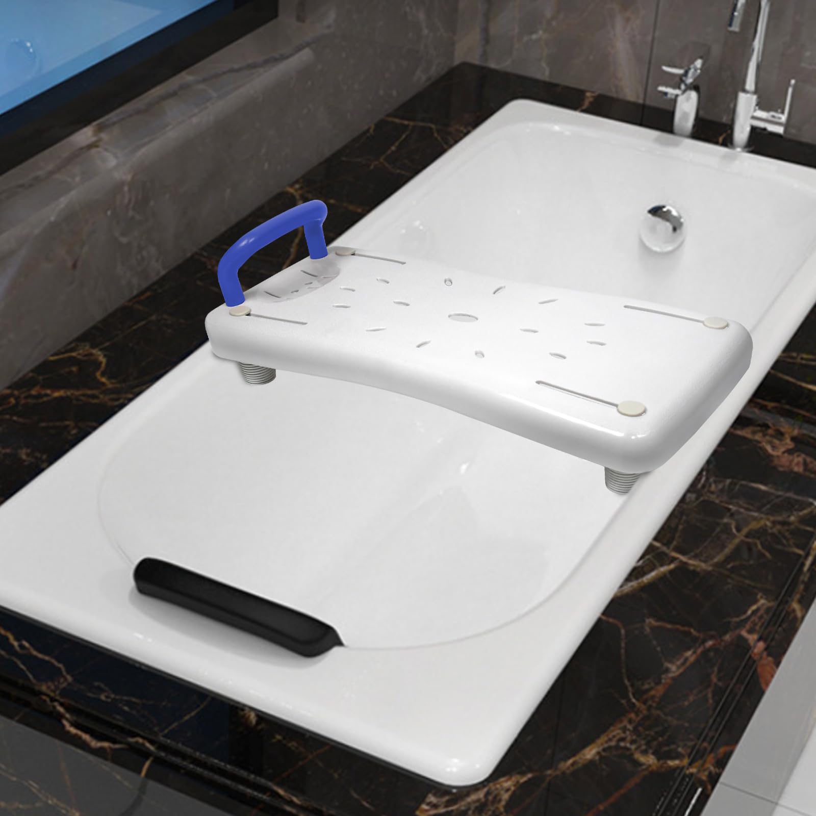 LARS360 Badewannenbrett Badewannensitz Senioren Erwachsene Einstellbar Wannenbrett zum Sitzen Brett für Badewanne Sitzbrett Stuhl für Badezimmer Max 150 kg mit Blau Griff, Weiß