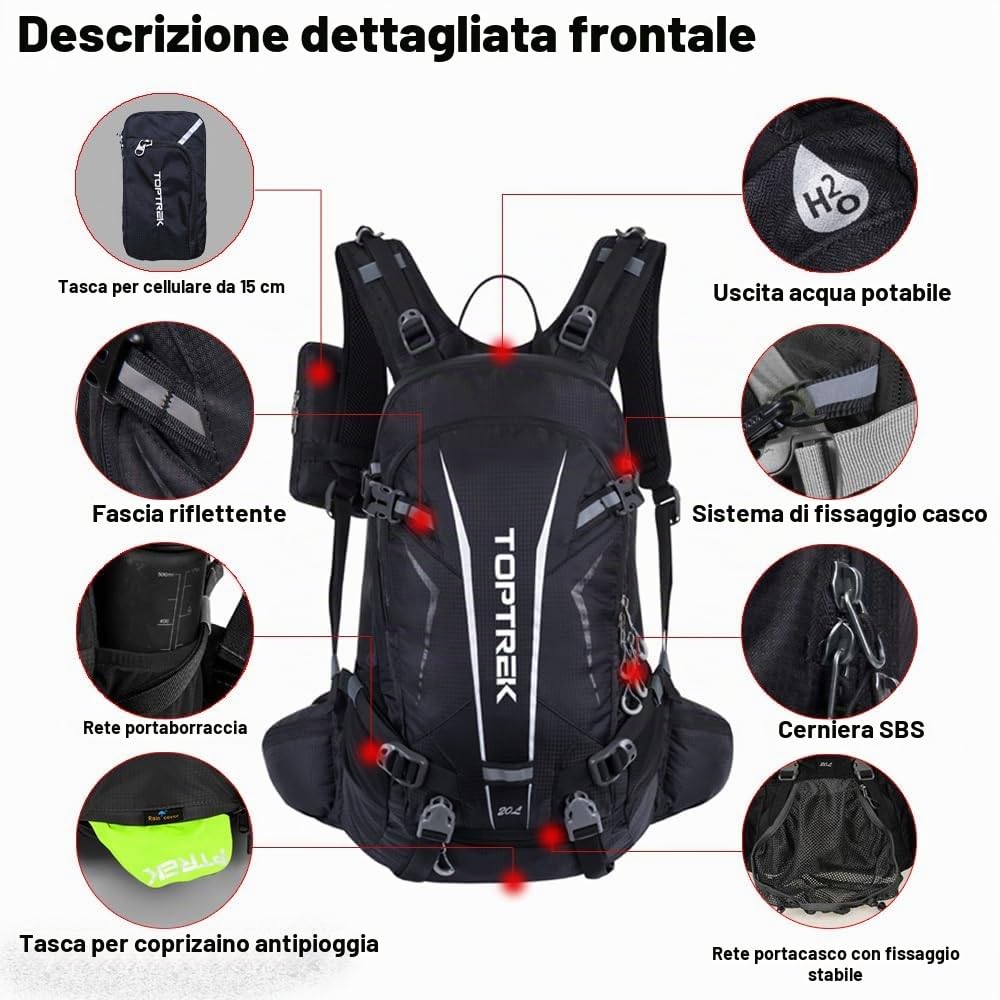 toptrek Zaino da bicicletta impermeabile 20 l, ultraleggero per uomo e donna, con protezione antipioggia e copertura per casco, zaino per mountain bike