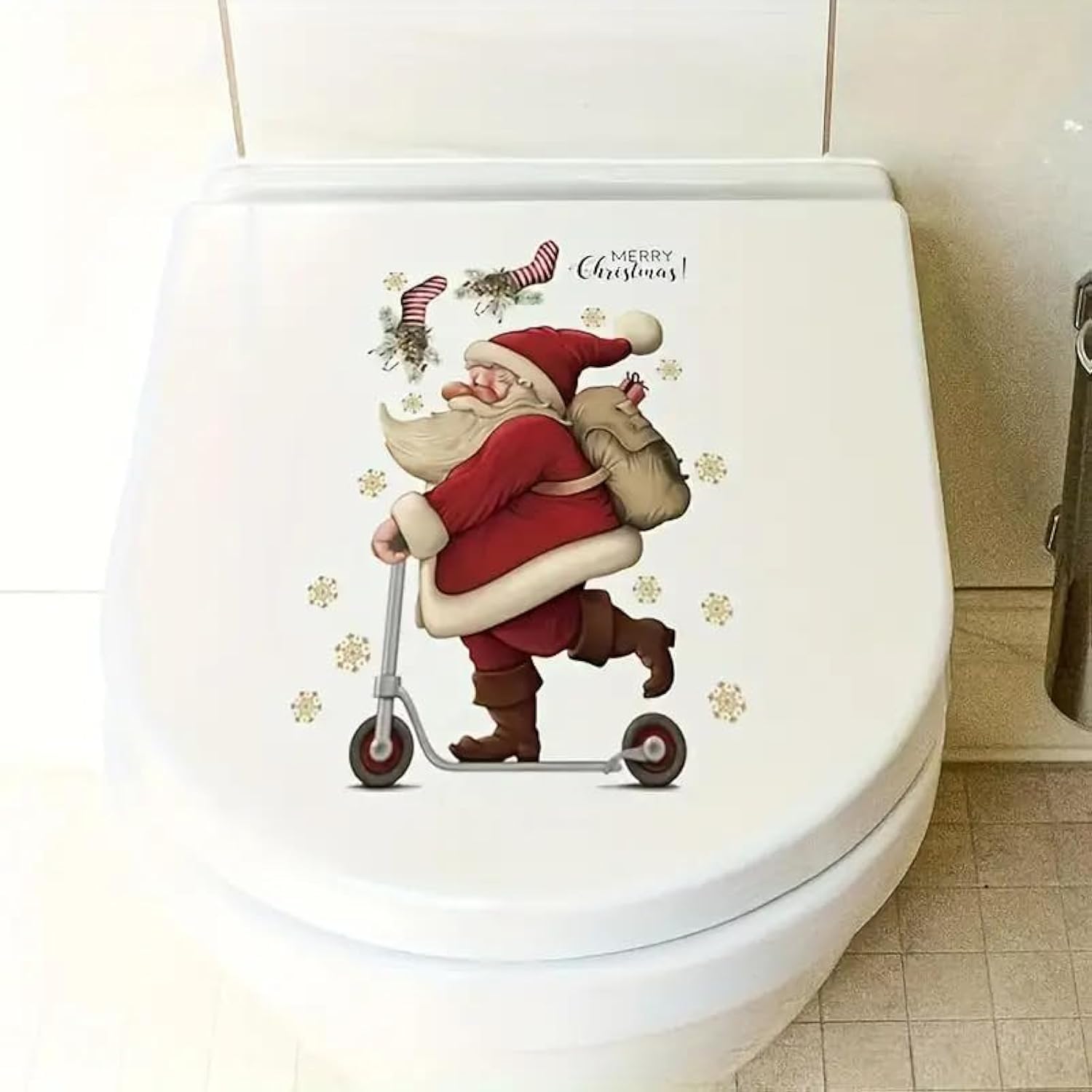 TOLOVIS Creative Santa Claus Toilet Cover Sticker Decals,Flower leaf bird Waterproof Toilet Lid Tank Seat Decals Cistern Self-Adhesive Bathroom Wall Sticker, TOLOVIS-001
