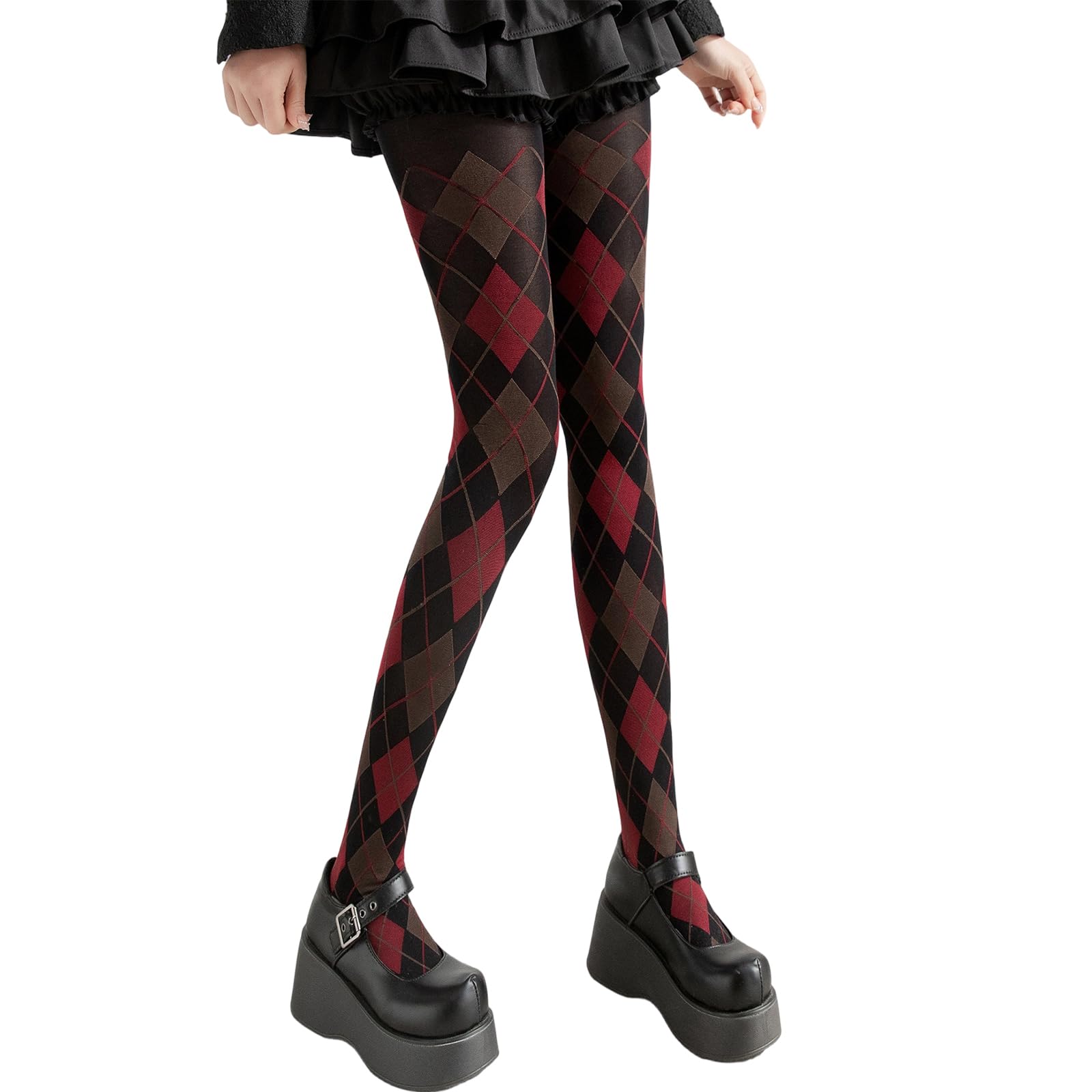 alloneslife Argyle Plaids Pattern Tights for Women Preppy Styles Stretch Comfort Opaque Pantyhose Everyday Wear Nylon Leggings(retro red)
