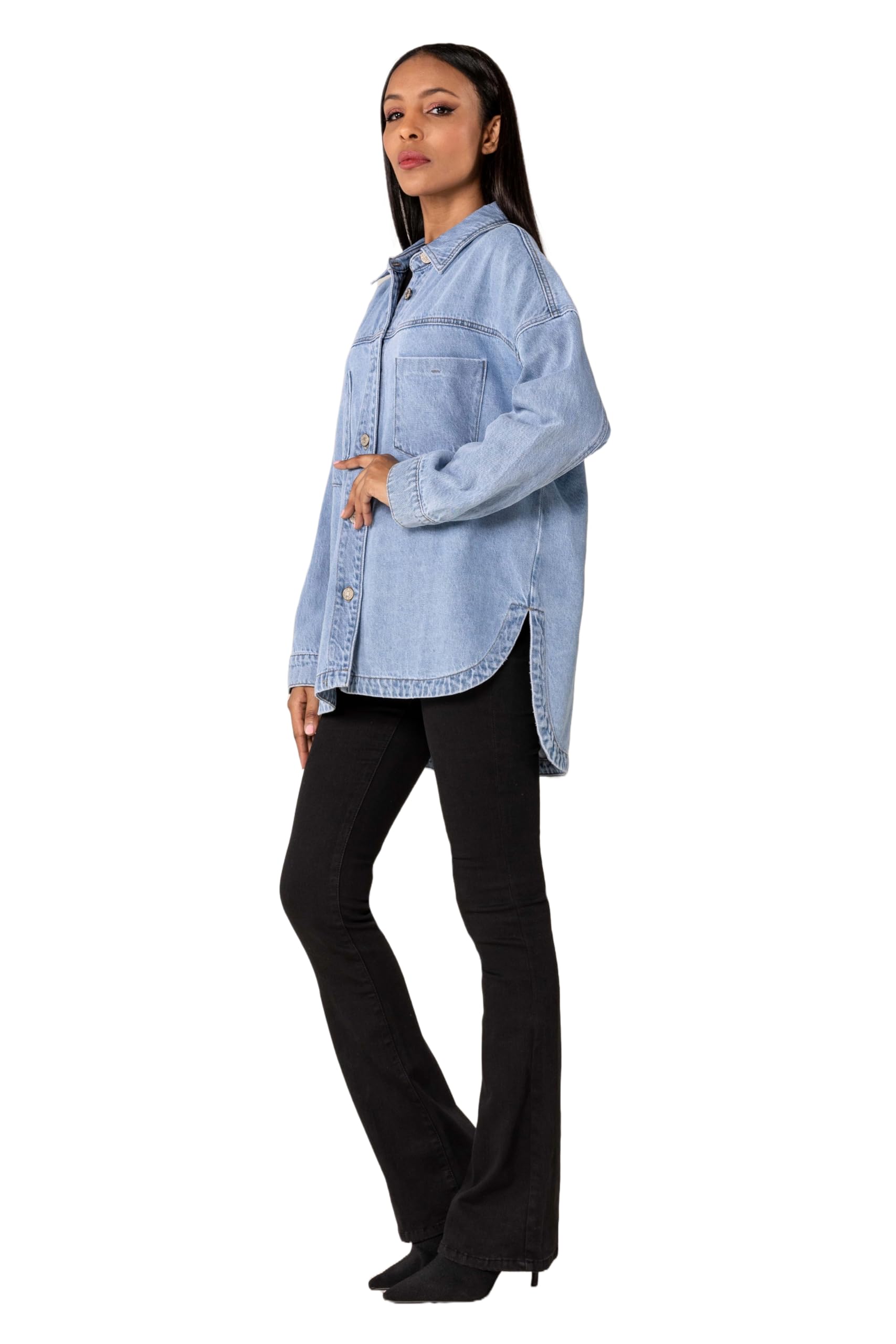 Nina Carter S539 Camisa vaquera de gran tamaño para mujer, chaqueta vaquera ligera, chaqueta de entretiempo, chaqueta de camisa con efecto de lavado, aspecto desgastado, informal