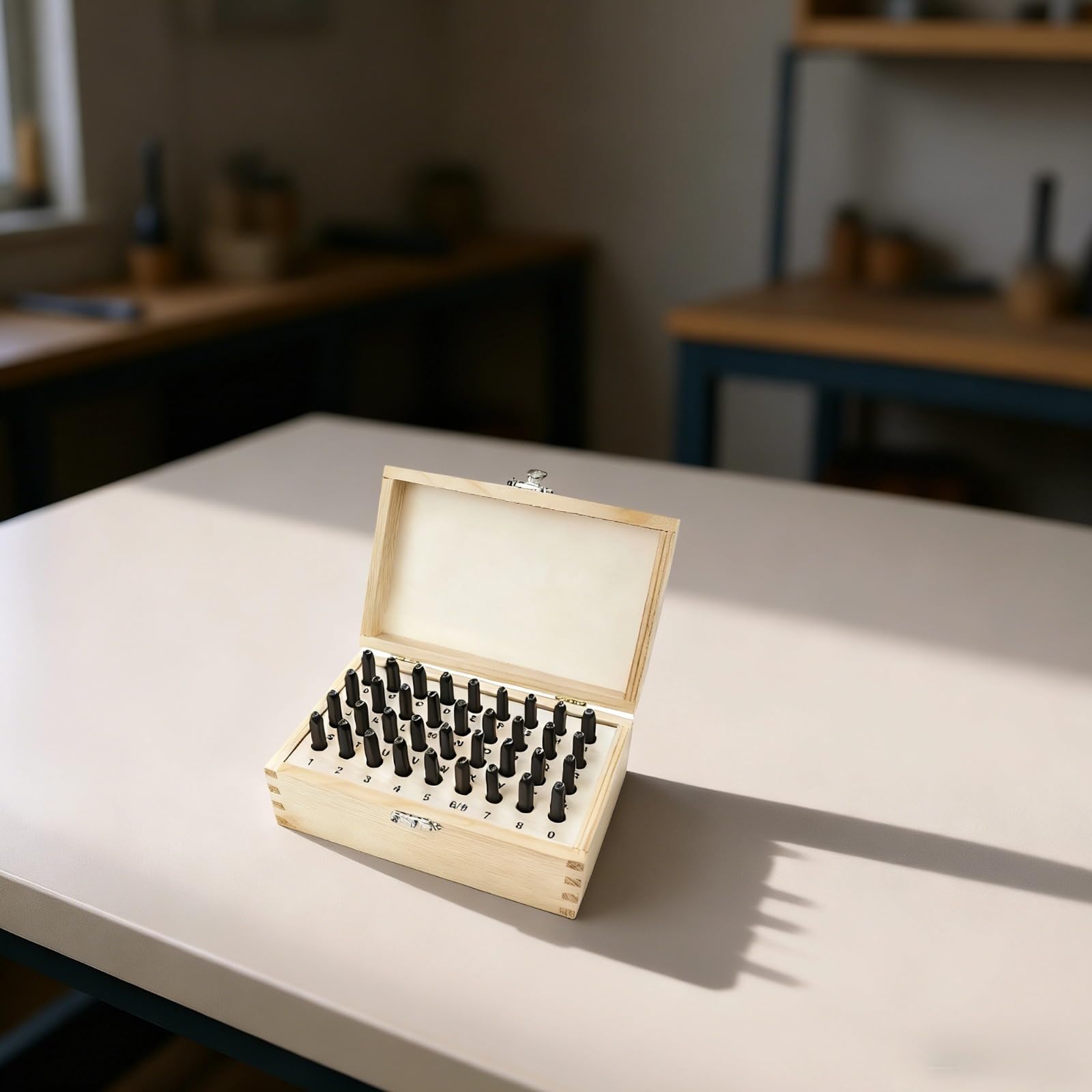 Buchstaben- und Zahlen-Schlagstempelset aus Stahl, Metallstempel aus legiertem Stahl mit sandgestrahlter Oberfläche, 4-mm-Präzisionsstempel, inklusive Holzkasten für Leder, Schmuck und Metall