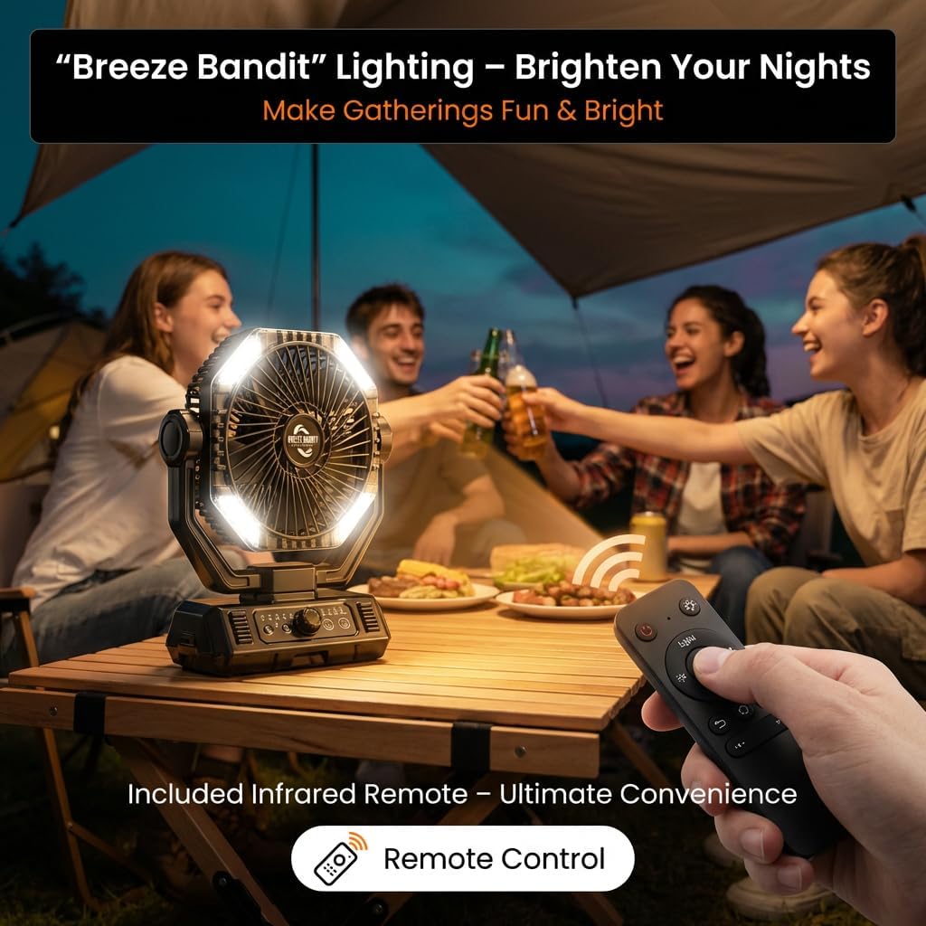 Rechargeable Camping Fan with 20000mAh Battery, 8-Speed Stepless Control, Remote, Auto Oscillating, Dual LED Light & Timer, Hanging Hook for Tent, Beach, Power Outage