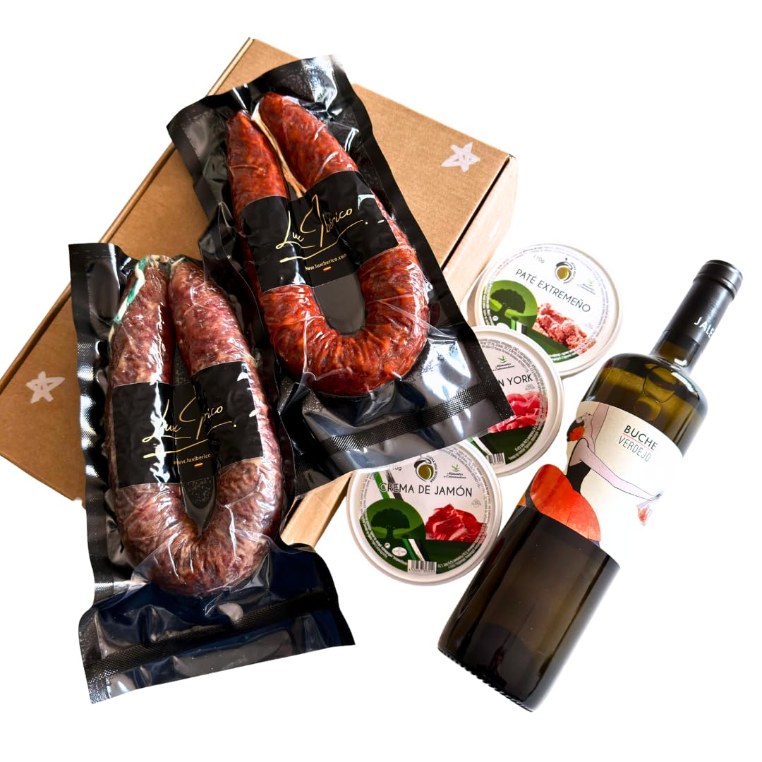 Cesta Gourmet Trajano - Vino Blanco Verdejo, Patés y Embutido | Vino blanco Verdejo, chorizo y salchichón ibérico y tres patés extremeños. Aperitivo con vino listo para regalar.