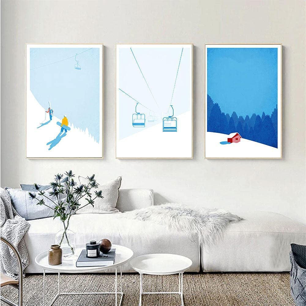 Poster Image 3 piece 19.7x27.6in(50x70cm) No Frame Vintage Ski Poster Snow Mountain Snowboard Art Print Nordic Chairlift Wall Picture Living Room Decor