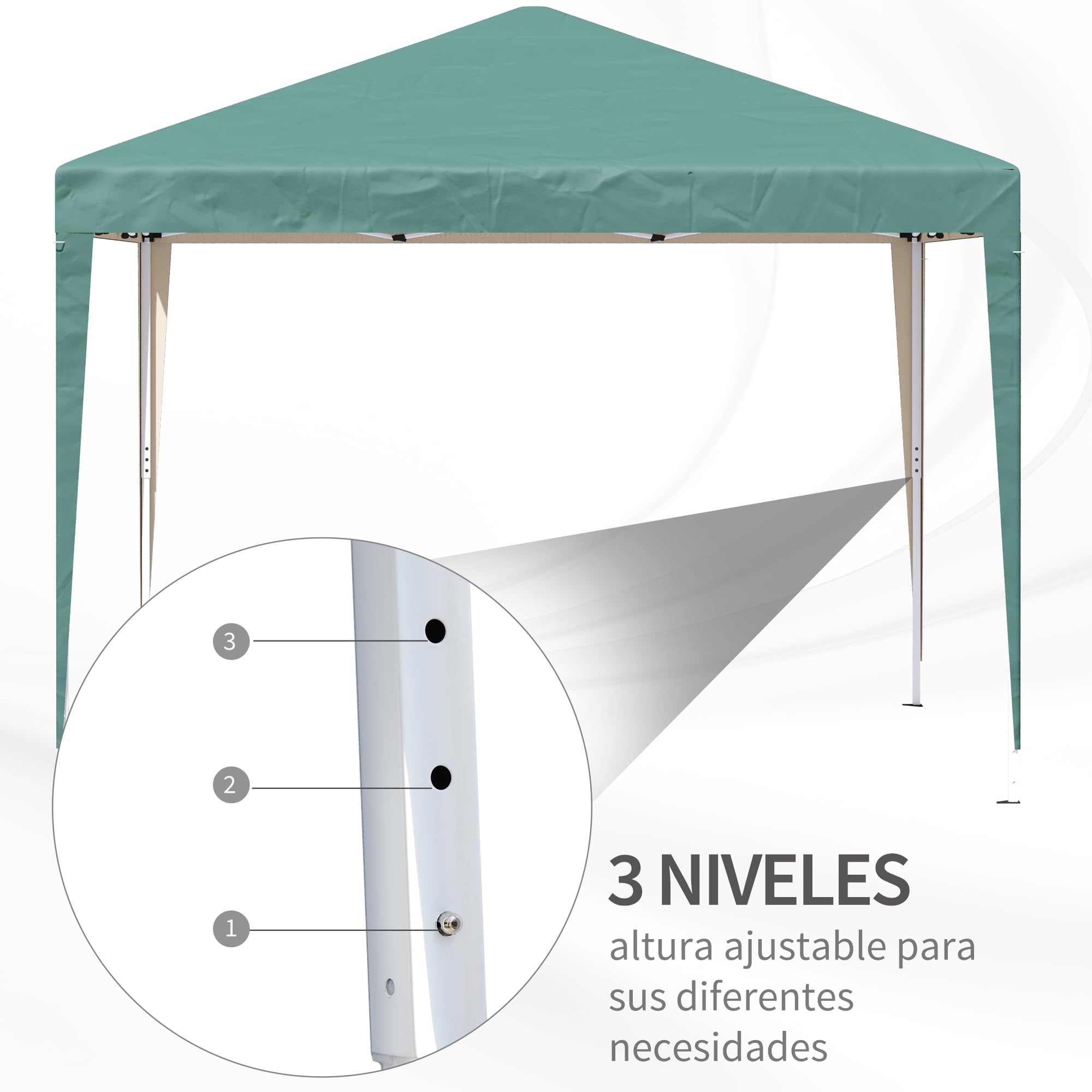 Outsunny Carpa Plegable Gazebo 3x3 m Cenador Plegable con Altura Ajustable en 3 Niveles Toldo Anti-UV y Bolsa de Transporte para Camping Fiestas Verde