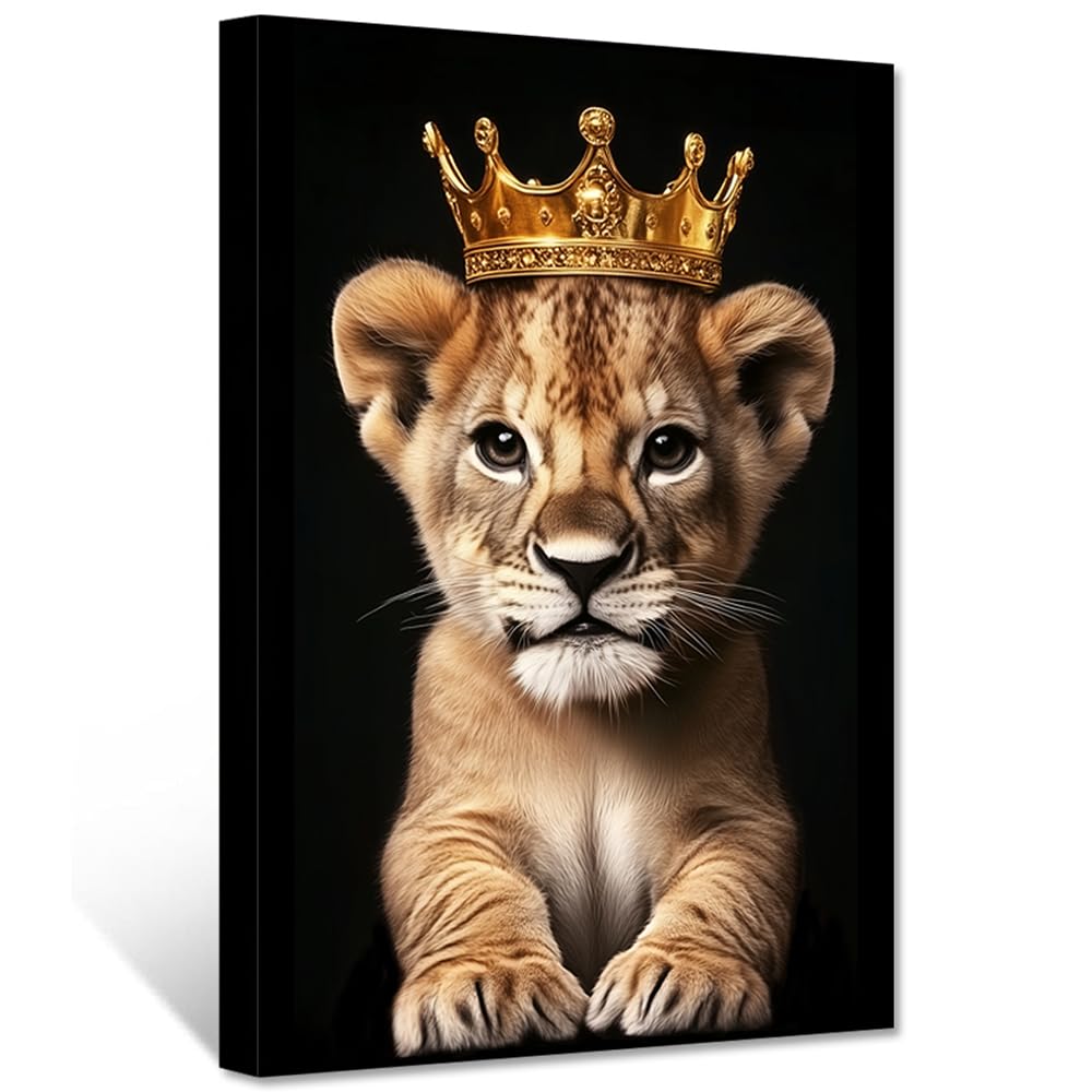 CXHOSTENT Lion Canvas Wall Art Baby Lion King with Gold Crown Pictures Animal Painting Print Wildlife Poster Children's Room Nursery Decor Frame (30.00 x 45.00 cms)