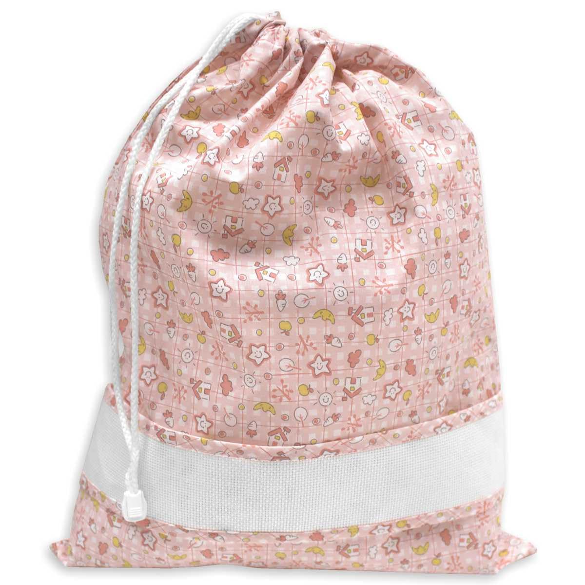 Set asilo da ricamare a punto croce, tre pezzi, sacchetto salvietta e bavaglia, spugna bianca, tela aida, punto croce, set asilo da personalizzare con ricamo a punto croce (81 Casette rosa)
