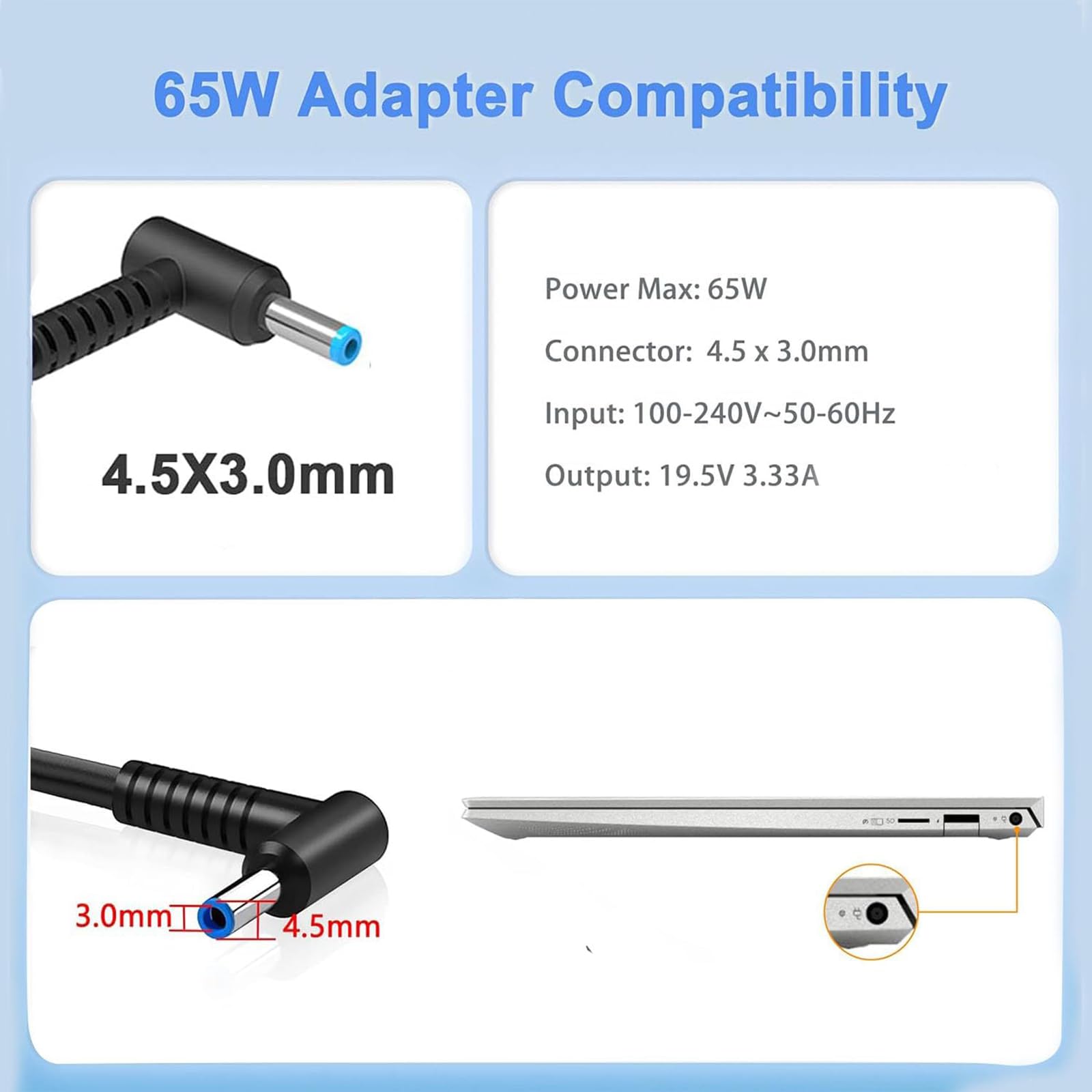 65W Caricatore PC per HP Pavilion x360 Elitebook 840 G5 ProBook 450 G8 G9 Zbook 14u G4, Envy Smart 19,5V 3,33A Caricabatterie Alimentatore per HP Laptop 4,5 * 3mm 65W Caricatore PC per HP Pavilion x360 Elitebook 840 G5 ProBook 450 G8 G9 Zbook 14u G4, Envy Smart 19,5V 3,33A Caricabatterie Alimentatore per HP Laptop 4,5 * 3mm