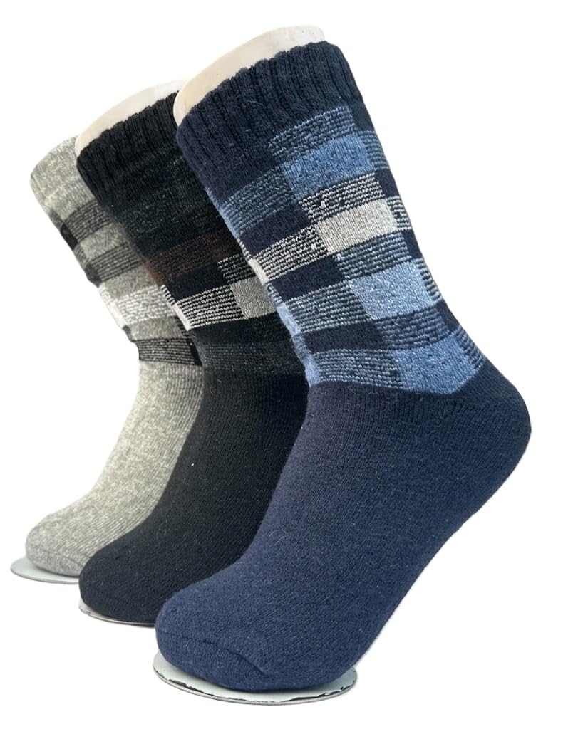 3 Pair Rectangle Check Thick Men Soft & Woolen Cozy Knitted Winter Wear Warm Stretchy Elastic Socks (Without Thumb) for Boys Gents Man Male