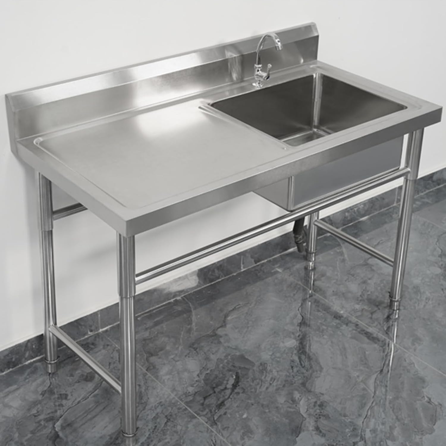 Sink Set, Commercial Stainless Steel Worktop with Sink, Stainless Steel Sink, Freestanding Single Bowl Sink Set Water for Farmhouse, Bathroom, Bar, Laundry Room, Adjustable