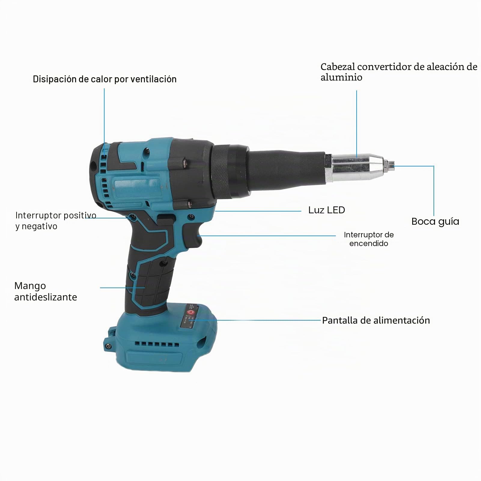Pistola Remachadora Eléctrica sin Escobillas de 18 V, Pistola Remachadora Inalámbrica, LED Azul, Herramienta Manual de Tuerca de Remache Automática