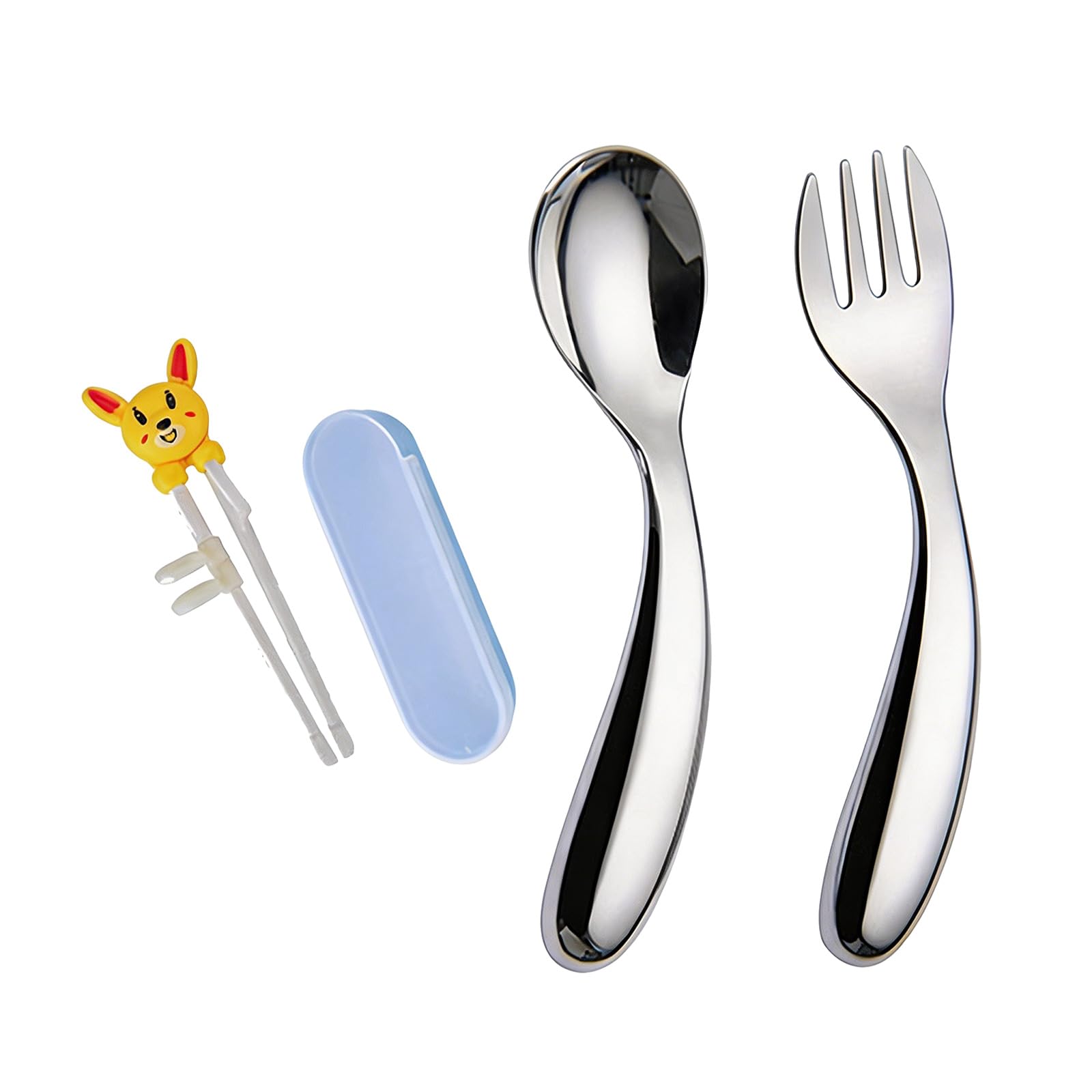 Xinsheinelry Diner Spoon and Fork Set Stainless Steel, 2 Piece Curved Handle Utensils for Learning Meals At Home Use Portable Spoon