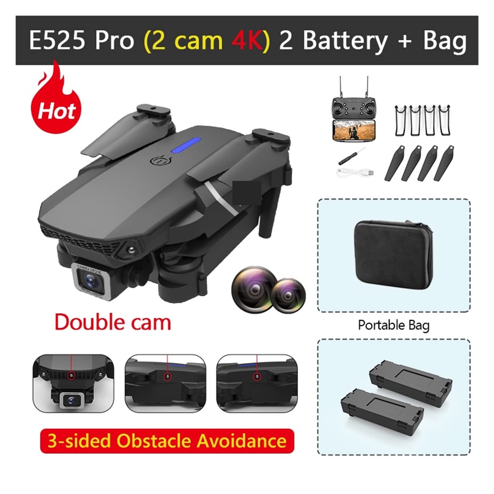 Składany dron Quadcopter RC Drone z unikaniem przeszkód 4k WiFi Height Hold RC Mini Dron FPV Podwójna kamera Follow Me Quadcopter Drones Toys (Kolor: torba 4k dualcam 2b Rozmiar: 1) (torba 4k