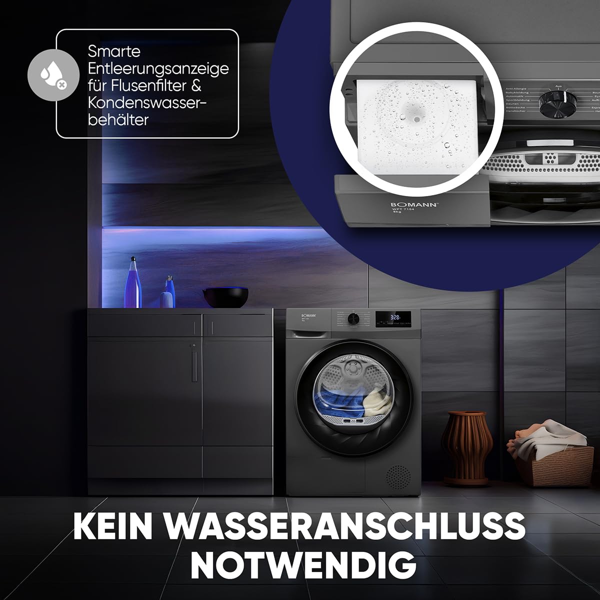 Bomann® Wärmepumpentrockner 8kg | kein Wasseranschluss nötig | Trockner m. Antiknitterfunktion | Wäschetrockner 15 Programme | Kondenstrockner | umweltfreundliches Kühlmittel R290 | WPT 7154 titan