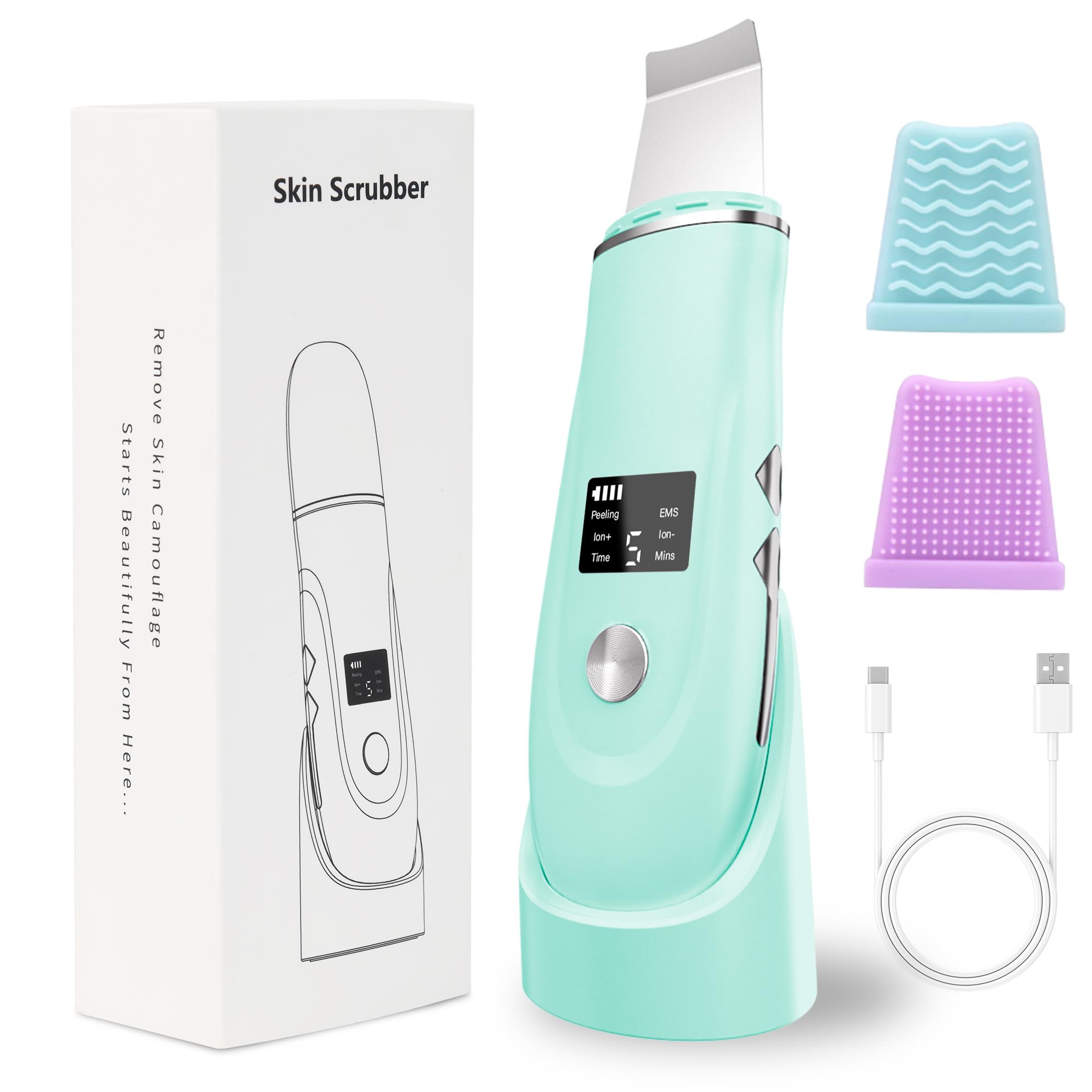 Face Scrubber Skin Spatula - Blackhead Remover Deep Cleansing Tool for Pore Extraction, 4-in-1 Fast Charging Dock Blackhead Remover Face Spatula for Facial Skincare Women Gift (Green)