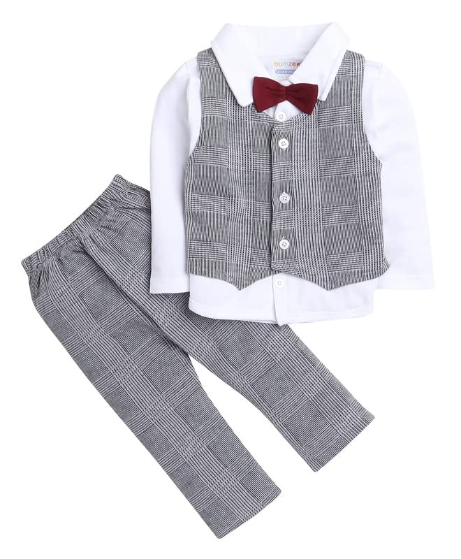 Grey & White Boys Shirt Waistcoat & Pant Set with Applique Bow