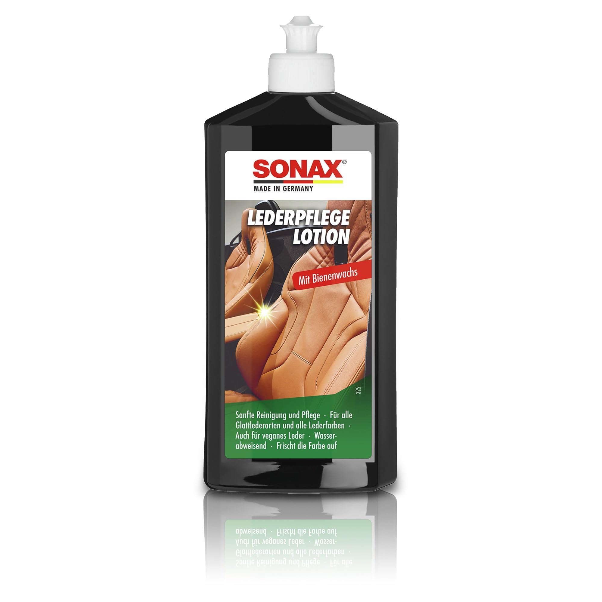 SONAX Loción para el cuidado del cuero (500 ml) con cera de abeja, limpieza y cuidado de cuero liso y sintético | N.° 02912000-544 | Cuidado de piel impermeable con cera de abejas para una limpieza suave y cuidado de cuero liso y piel sintética